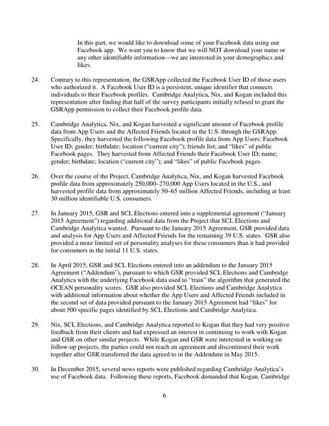 Page 6 of the FTC administrative complaint against Cambridge Analytica, showing the consent-screen wording and the counts of app users and friends