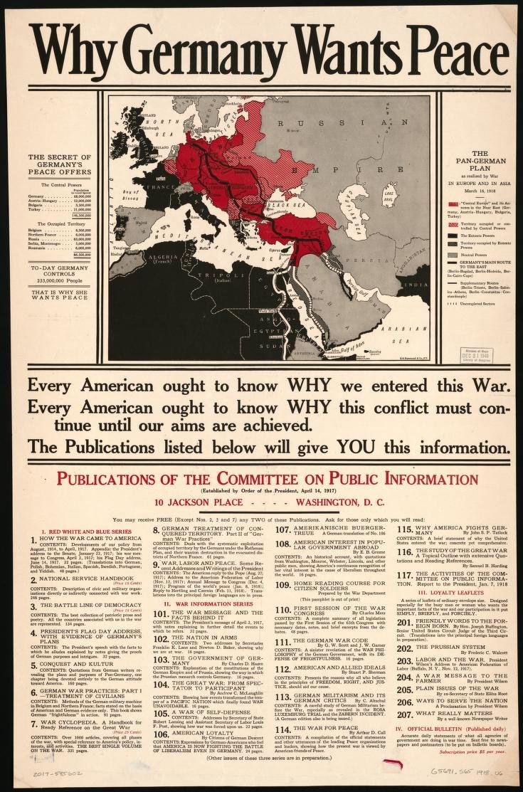 Poster, Why Germany Wants Peace: a coloured map of the Pan-German plan above a list of Committee on Public Information publications