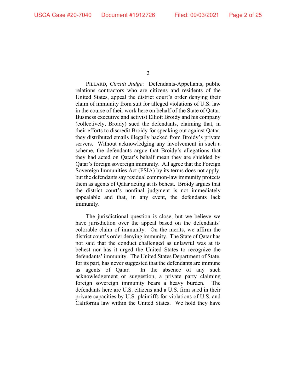 Page 2 of the D.C. Circuit opinion in Broidy Capital Management v. Muzin, filed 3 September 2021