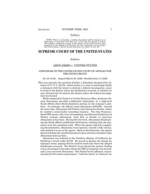 First page of the US Supreme Court syllabus in Abouammo v. United States, decided 11 June 2026, describing the Twitter employee and the Saudi official