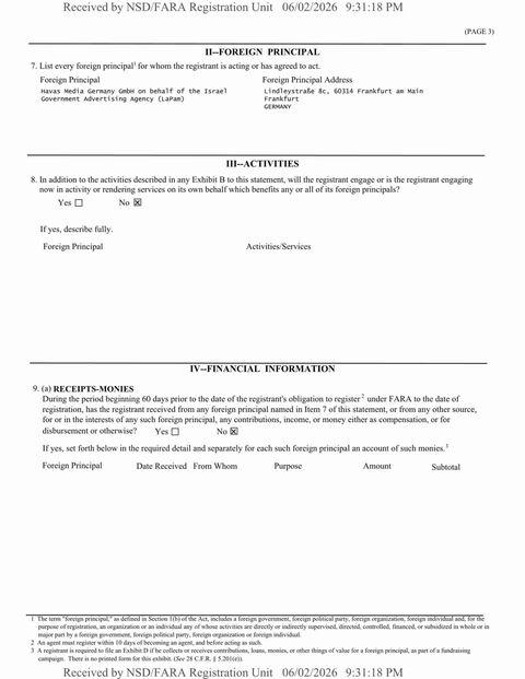 Page 3 of Piro, Inc.'s FARA Registration Statement, item 7 listing Havas Media Germany GmbH on behalf of the Israel Government Advertising Agency (LaPam) as foreign principal