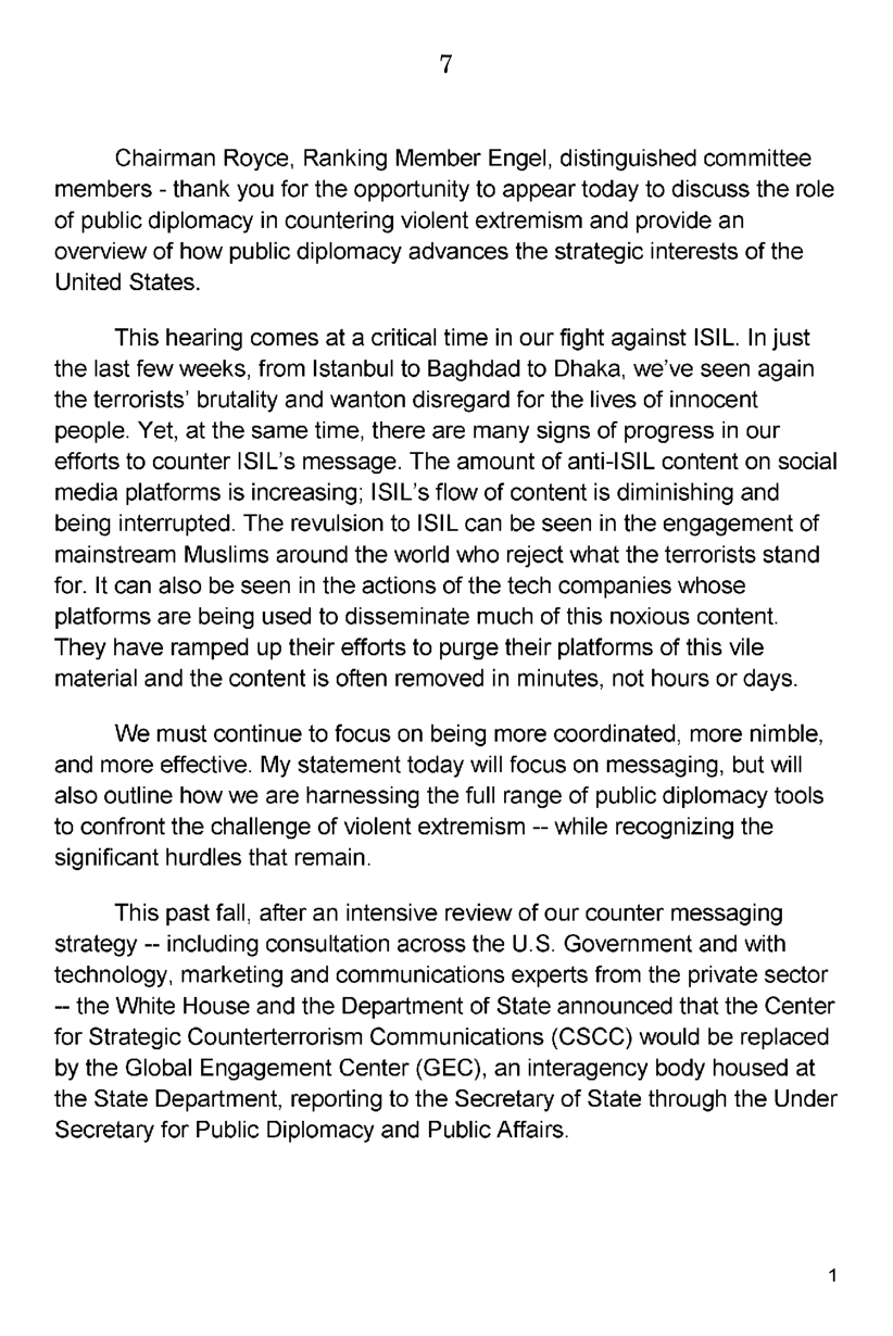 Page 7 of the printed House hearing record, headed with a statement by Richard Stengel of the State Department, with paragraphs about the replacement of the CSCC by the Global Engagement Center.