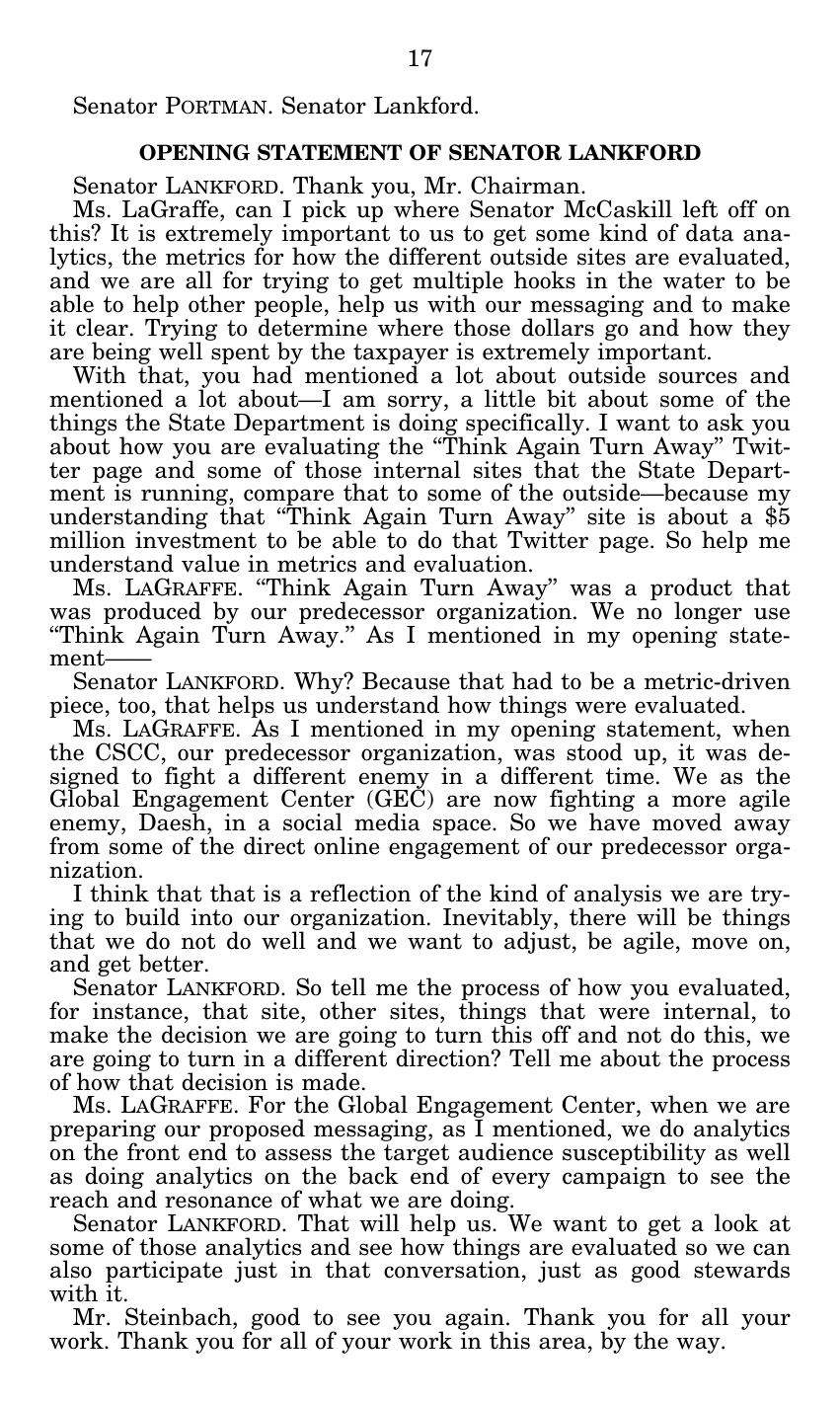 Page 17 of the printed Senate hearing record, with Senator Lankford's questions to a State Department witness about the Think Again Turn Away Twitter page.