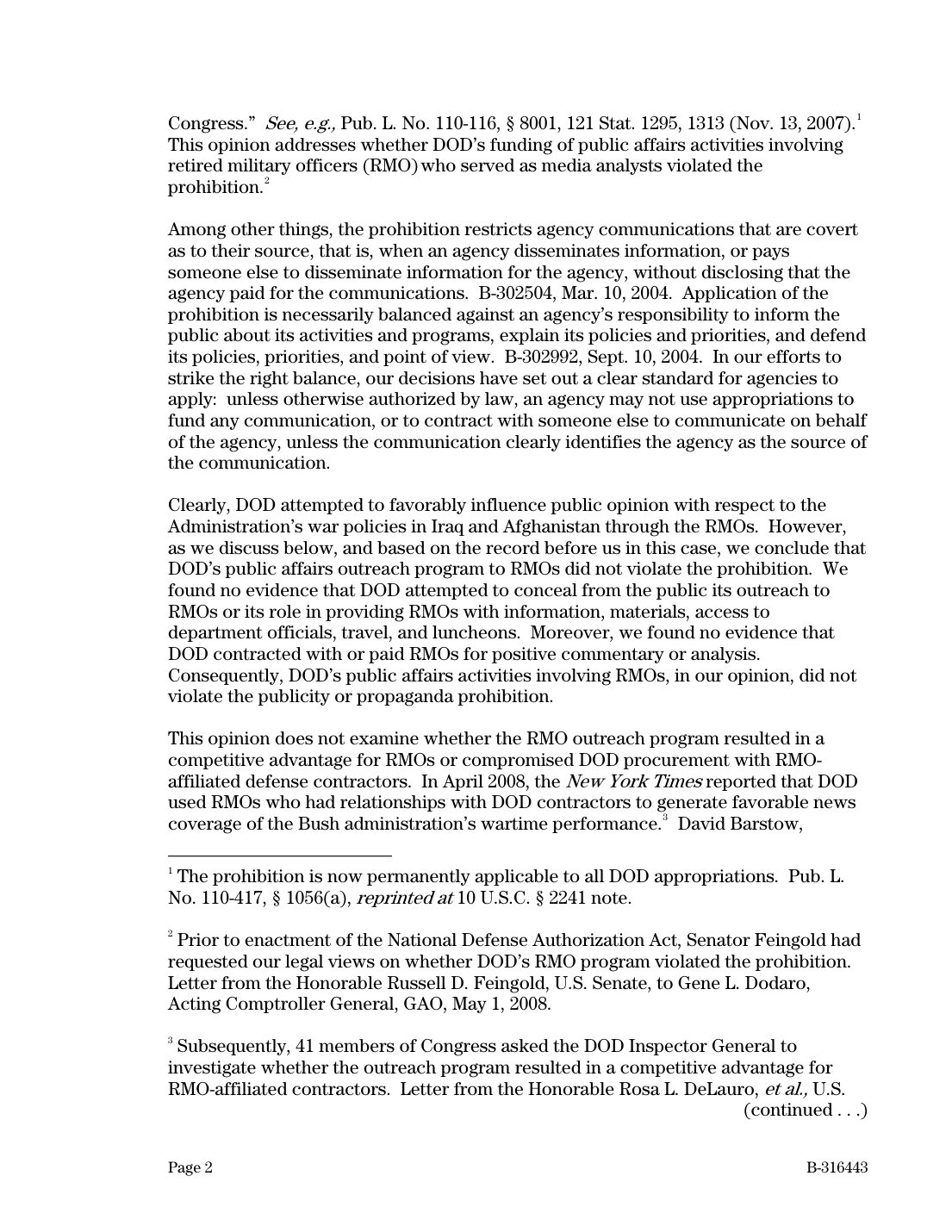 GAO opinion B-316443, 21 July 2009, first page of text, stating the question and the holding