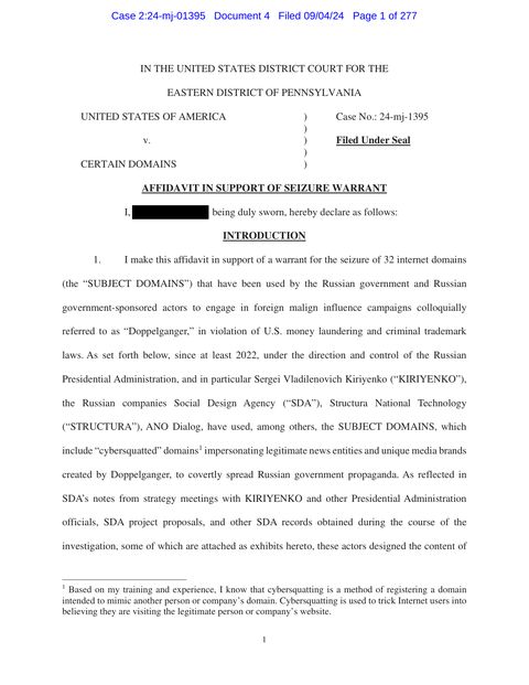 First page of the affidavit in support of a seizure warrant for 32 internet domains, U.S. District Court, Eastern District of Pennsylvania, case 24-mj-1395, with the affiant's name redacted