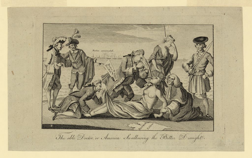 The Able Doctor: a woman representing America, bare-breasted, held down on the ground while a man pours tea into her mouth, another holds her feet and looks up her skirt, Britannia hides her face, and two onlookers stand at left