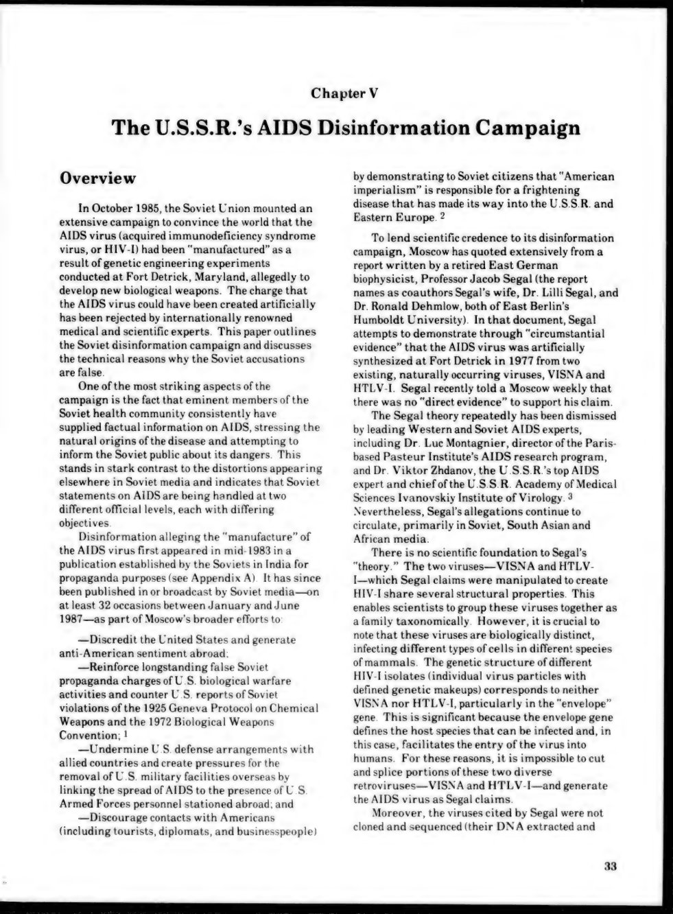 Printed page opening Chapter V of a State Department report, titled The U.S.S.R.'s AIDS Disinformation Campaign