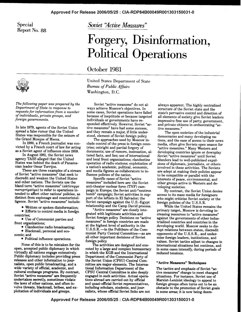 First page of a four-page State Department report titled Soviet Active Measures: Forgery, Disinformation, Political Operations, dated October 1981