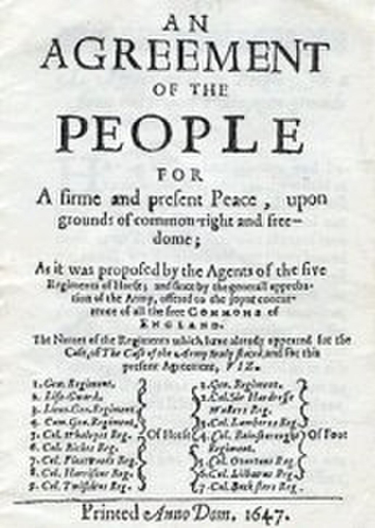 Title page of An Agreement of the People for a firme and present Peace, upon grounds of common-right and freedome, as proposed by the agents of the five regiments of horse, listing regiments, printed 1647