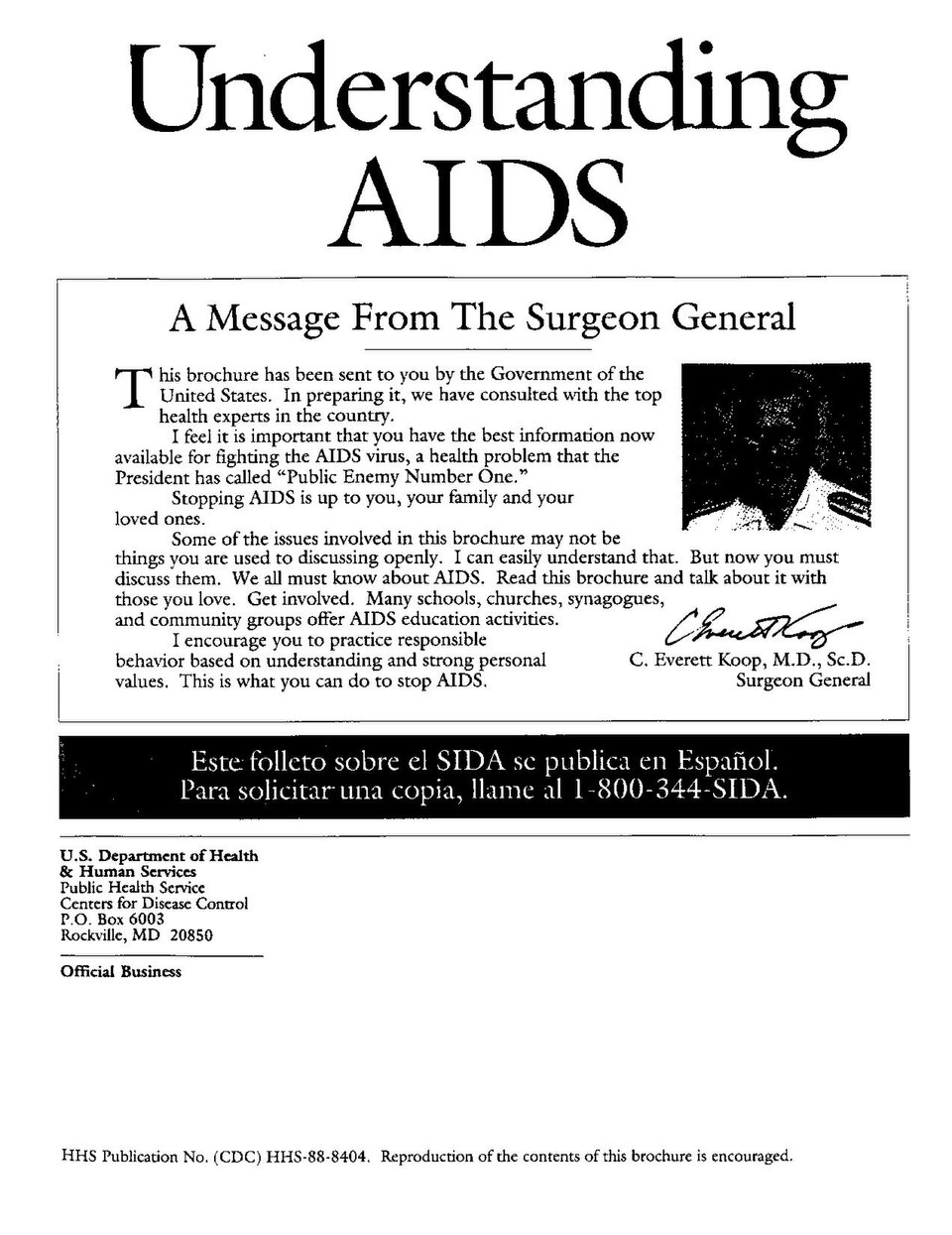 A Message From The Surgeon General, page one of Understanding AIDS (1988), signed by C. Everett Koop
