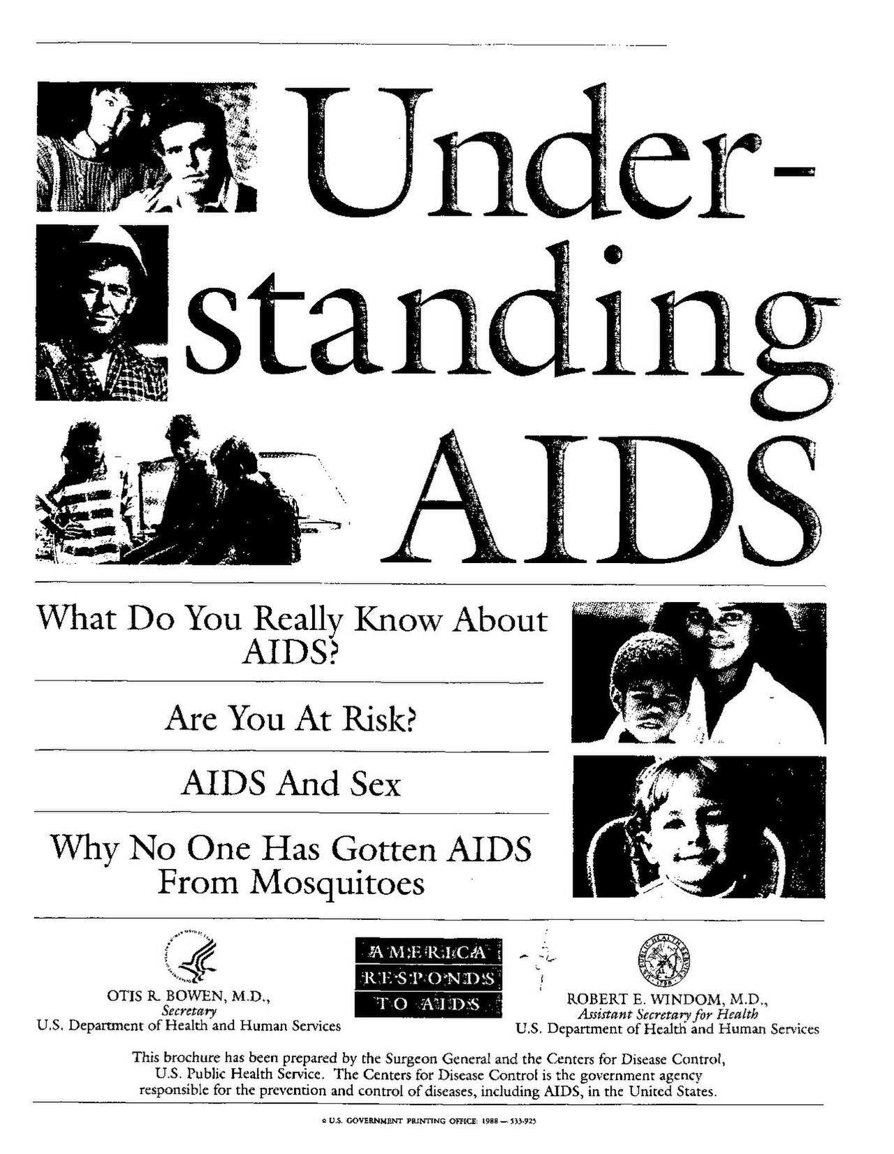 Cover of Understanding AIDS, 1988: photographs of ordinary Americans of different ages and races beside the questions "Are You At Risk?" and "Why No One Has Gotten AIDS From Mosquitoes"