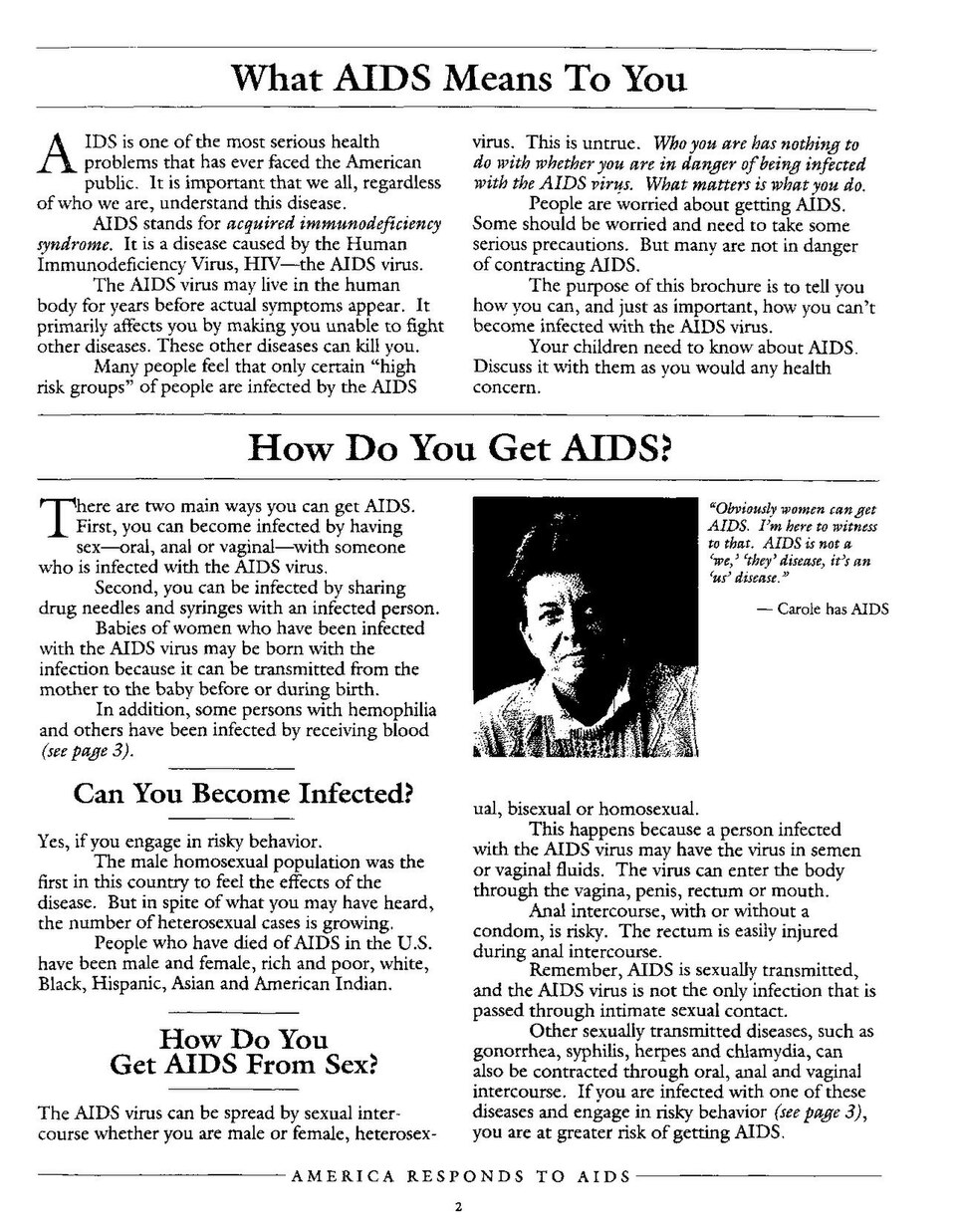 Page two of Understanding AIDS (1988): "What AIDS Means To You", including "Who you are has nothing to do with whether you are in danger of being infected with the AIDS virus"