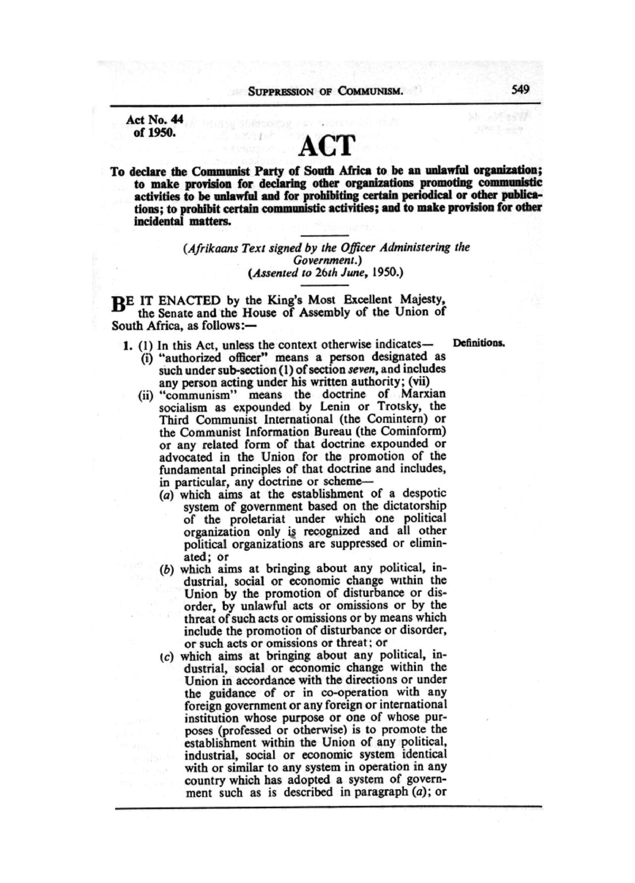 First page of the Suppression of Communism Act, No. 44 of 1950, showing the long title and the opening of the definition of "communism"