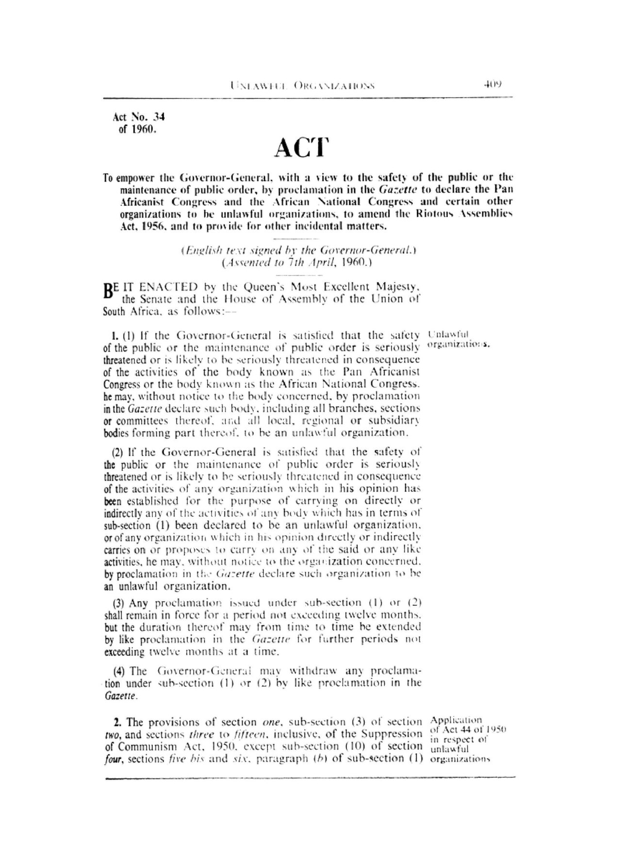 First page of the Unlawful Organizations Act, No. 34 of 1960, naming the Pan Africanist Congress and the African National Congress