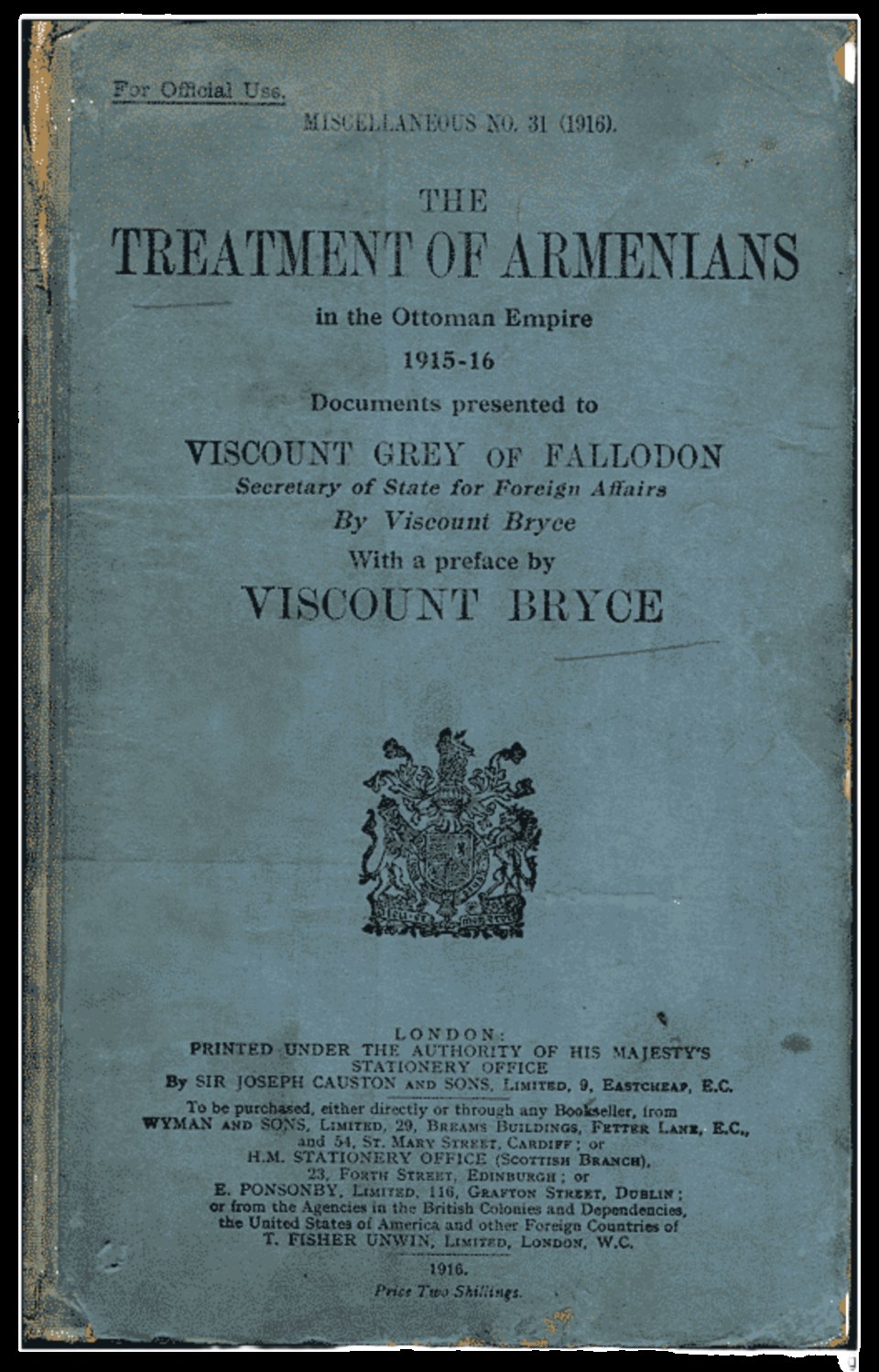 Cover of The Treatment of Armenians in the Ottoman Empire, 1916