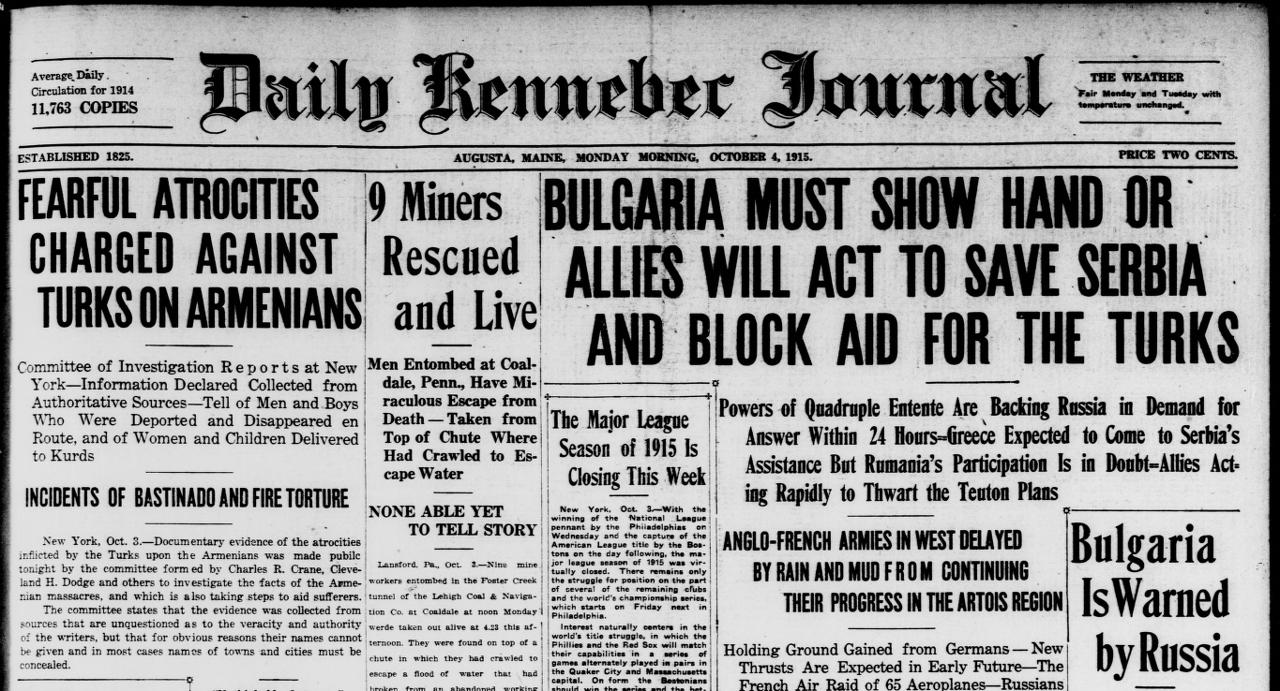 Daily Kennebec Journal front page, 4 October 1915