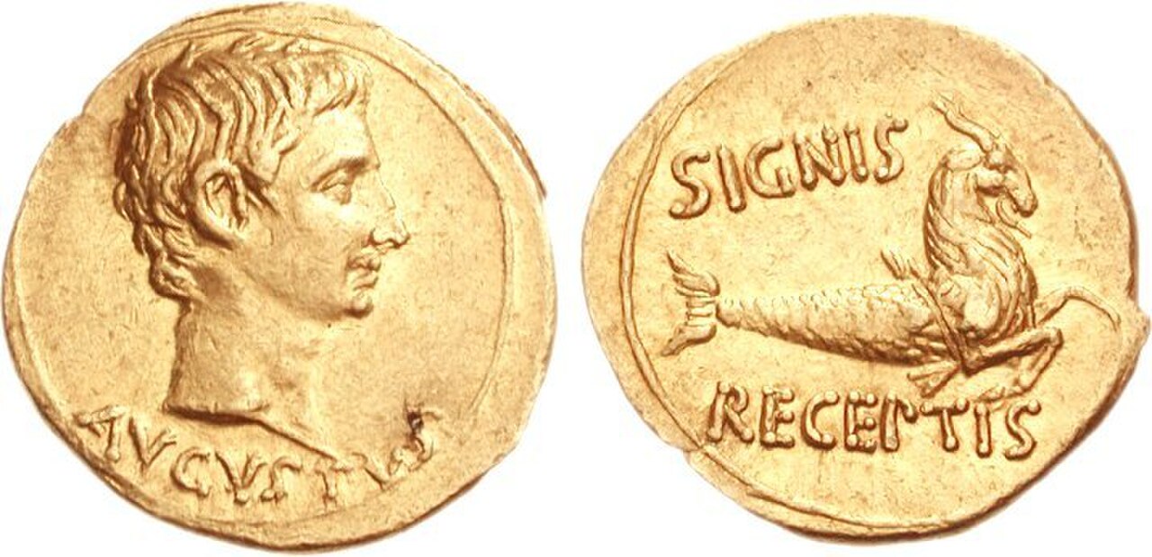 Gold aureus: on the left, bare head of Augustus with the legend AVGVSTVS; on the right, a capricorn with the legend SIGNIS RECEPTIS