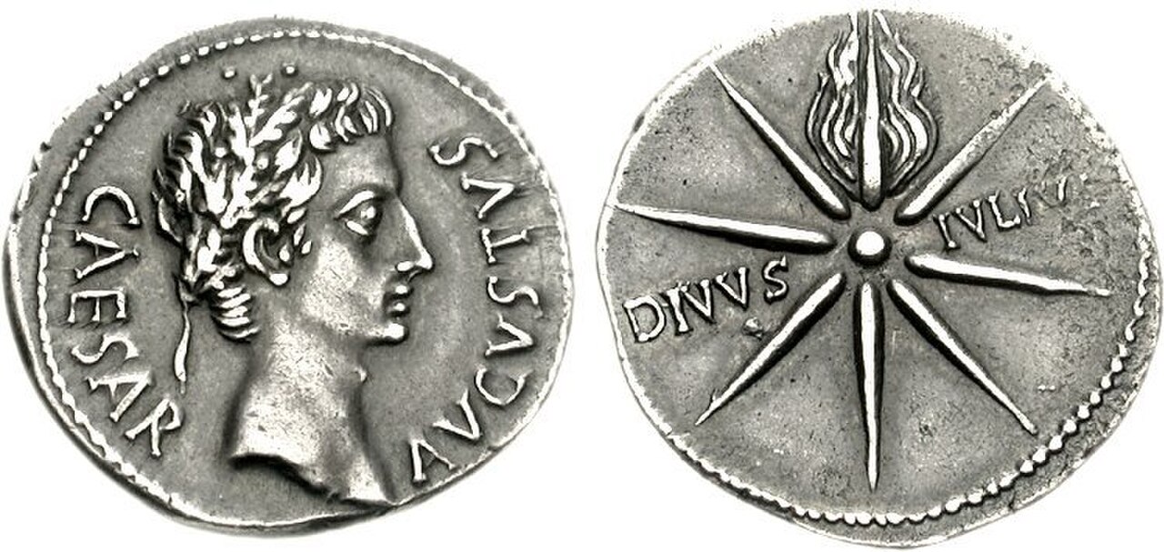 Silver denarius: on the left, Augustus wearing an oak wreath with the legend CAESAR AVGVSTVS; on the right, an eight-rayed comet with a flaming tail and the legend DIVVS IVLIVS