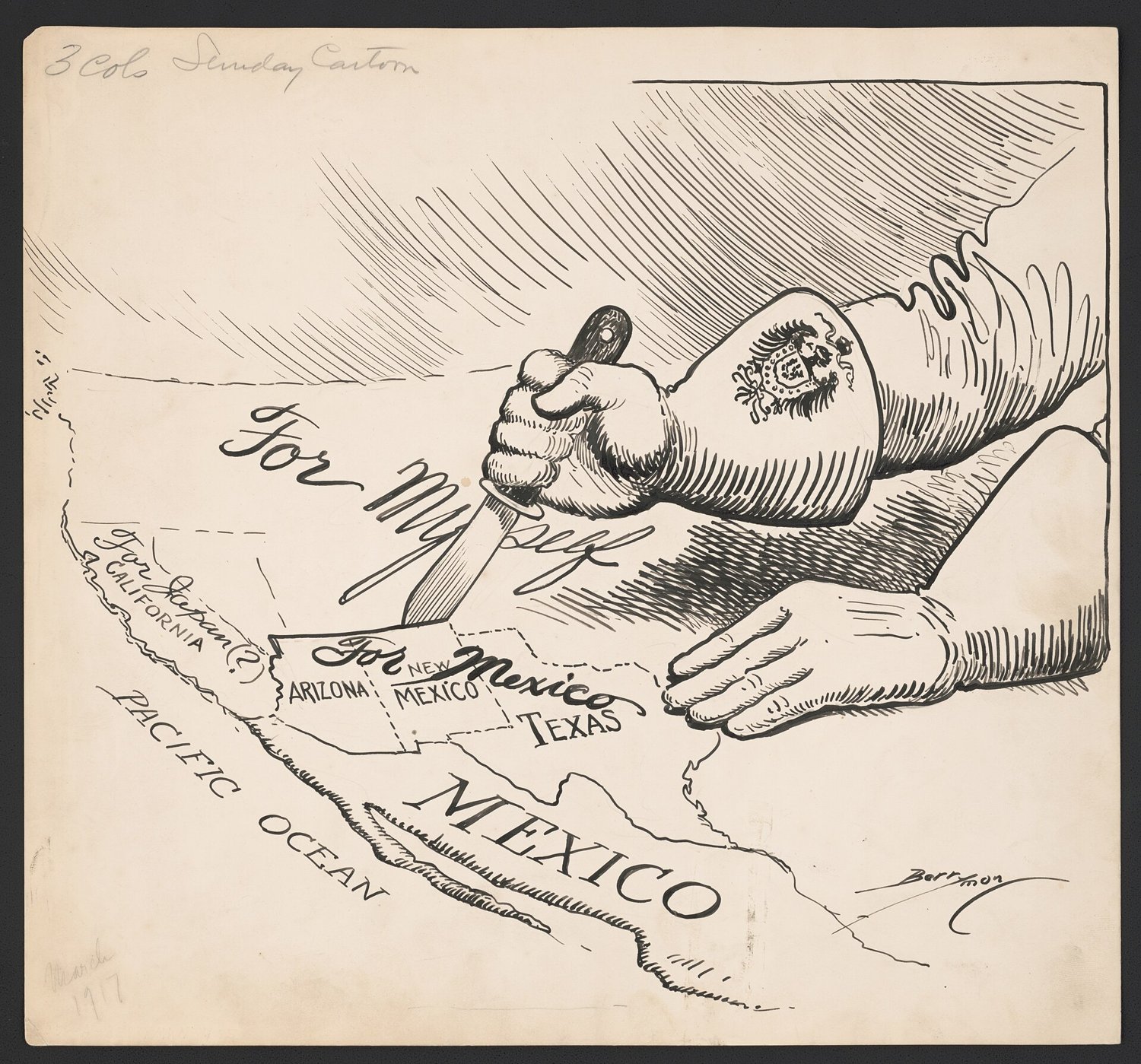 Cartoon: a hand in a glove stamped with the German eagle drives a knife into a map, labelled For Myself, with Arizona, New Mexico and Texas marked For Mexico and California For Japan