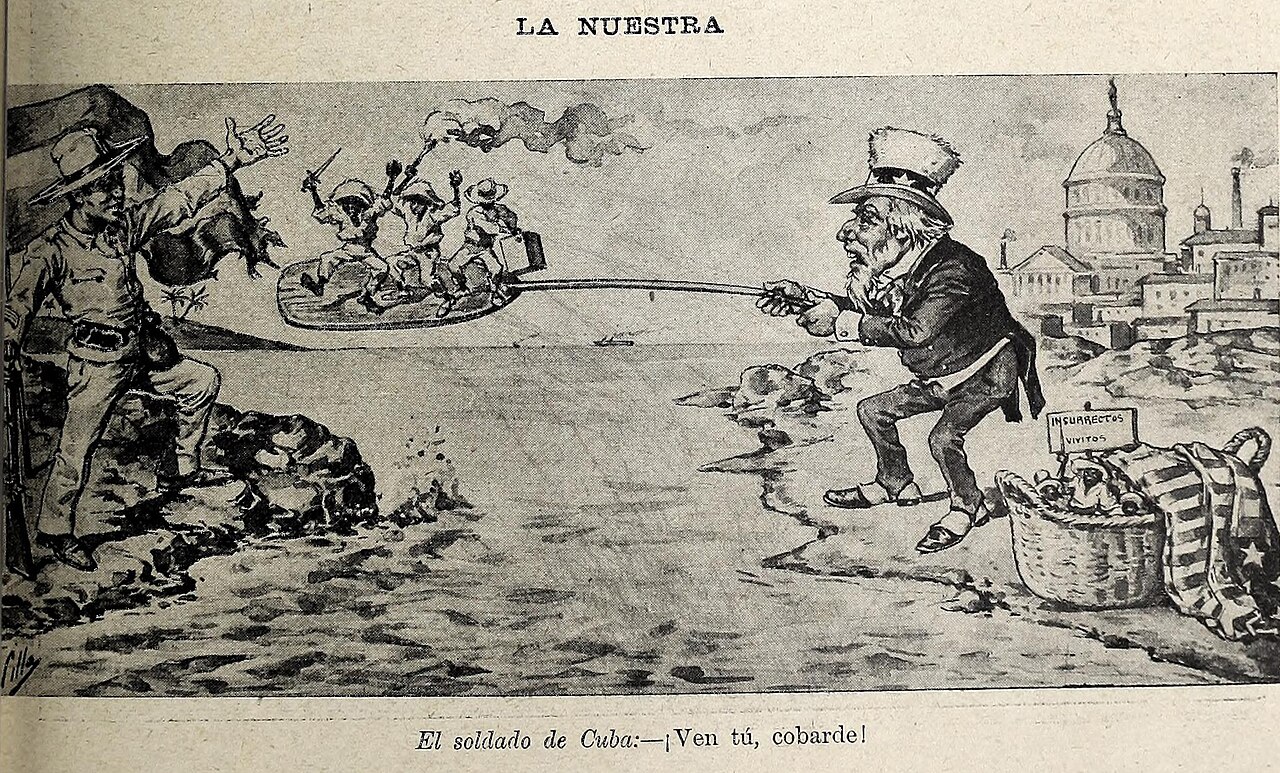 Cartoon from Blanco y Negro: a Spanish soldier on the Cuban shore shouts at Uncle Sam, who hands insurgents across the water on a long paddle, beside a basket labelled Insurrectos vivitos