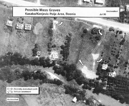 Aerial reconnaissance photograph of Kasaba/Konjević Polje area, July 1995, labelled "Possible Mass Graves"