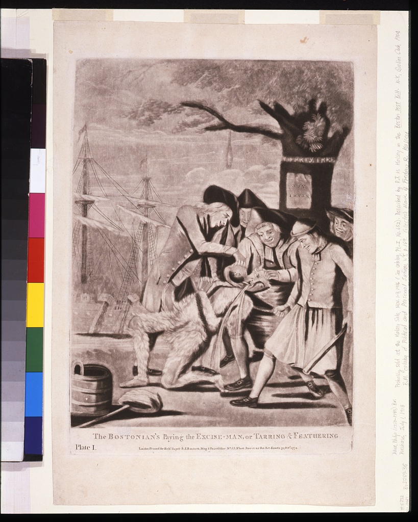 The Bostonian's Paying the Excise-Man: a mezzotint of a crowd pouring tea down the throat of a tarred and feathered man beneath the Liberty Tree, with a noose hanging from the branch and ships in the harbour behind