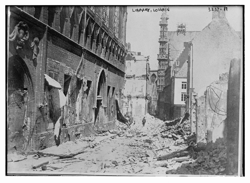 Library, Louvain: a Bain News Service photograph of a street of gutted buildings, c. 1914-1915
