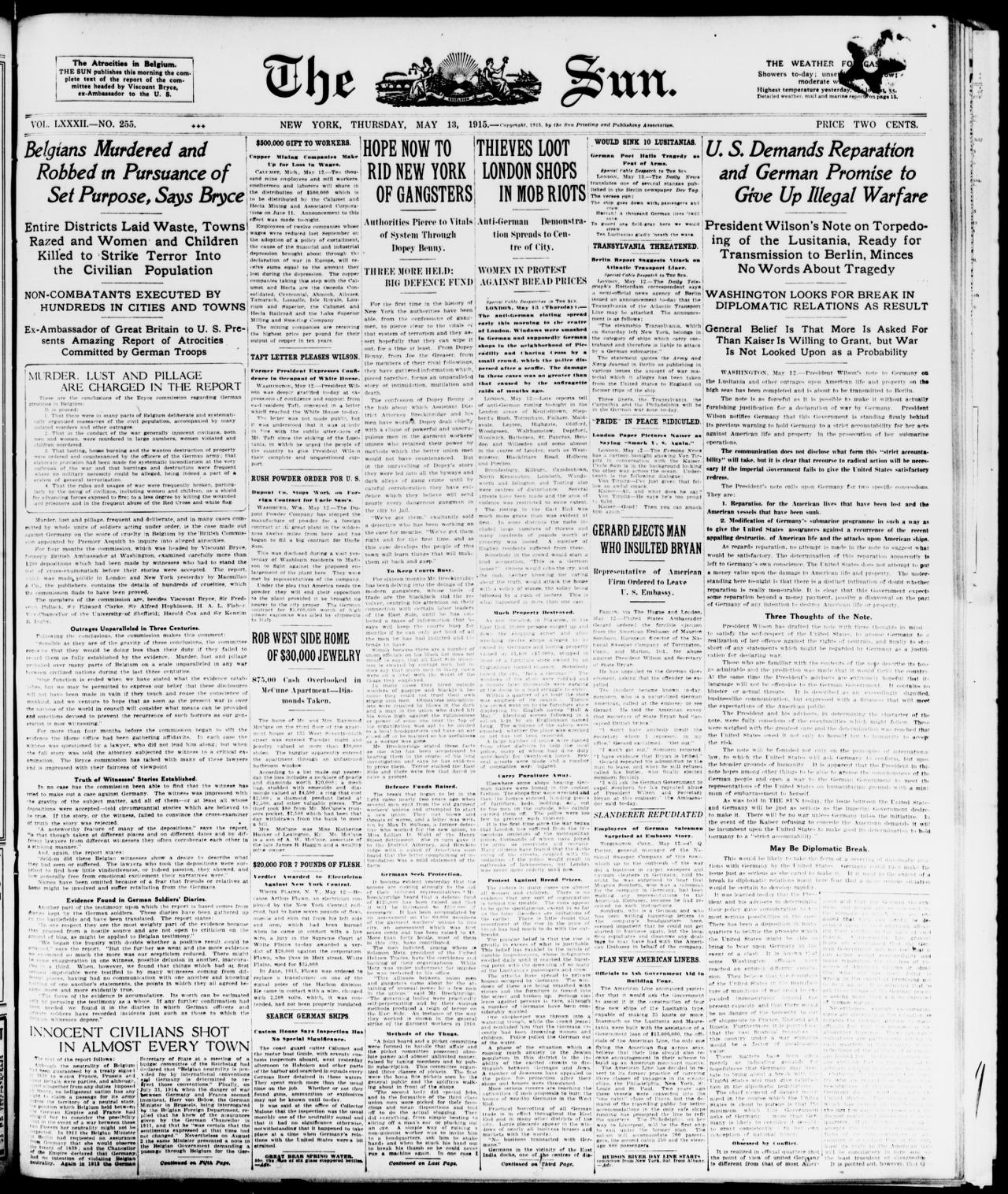 The Sun, New York, front page of 13 May 1915