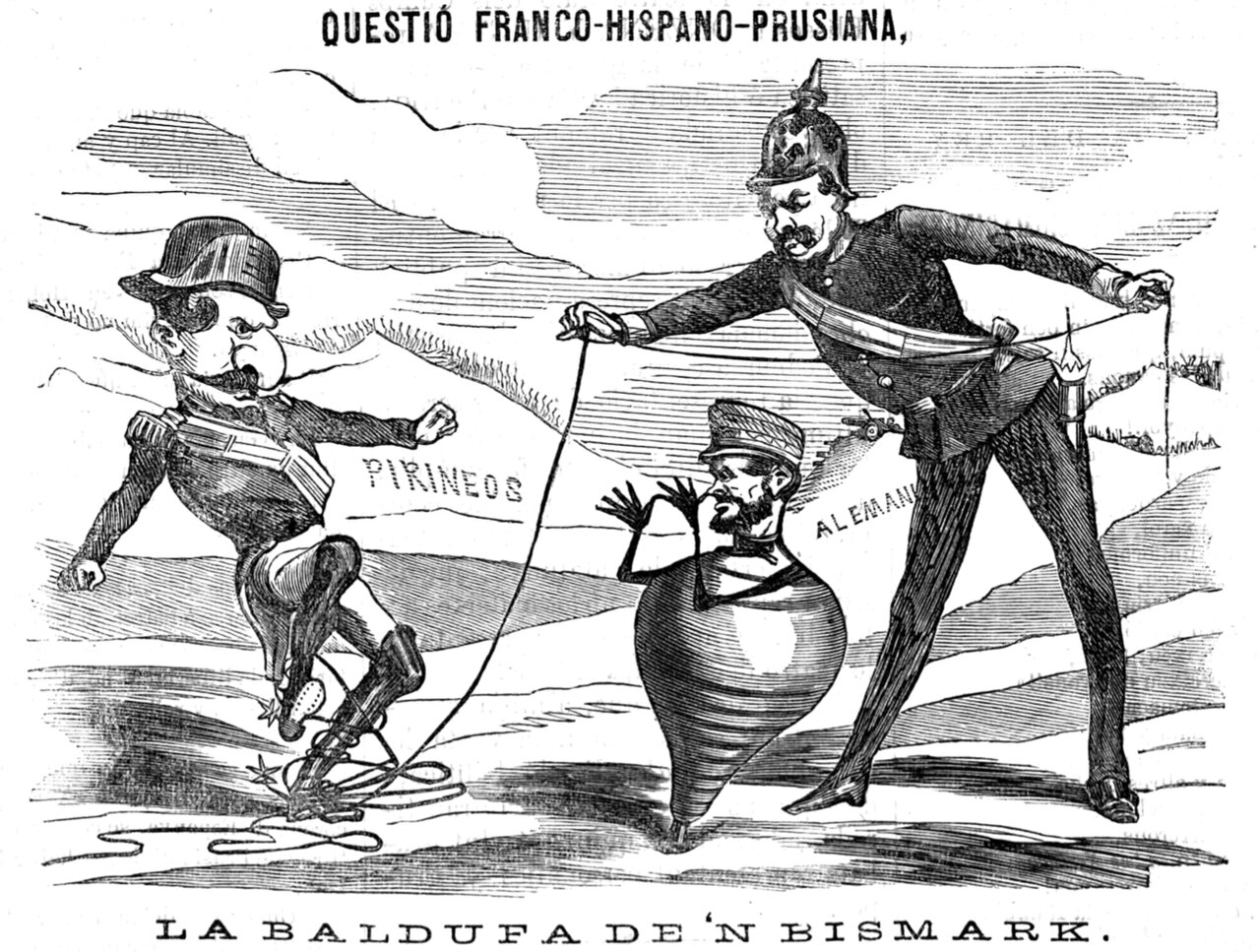 Catalan cartoon: Bismarck, in a spiked helmet, pulls a cord to spin a top while a French figure in a képi stumbles, tangled in the cord