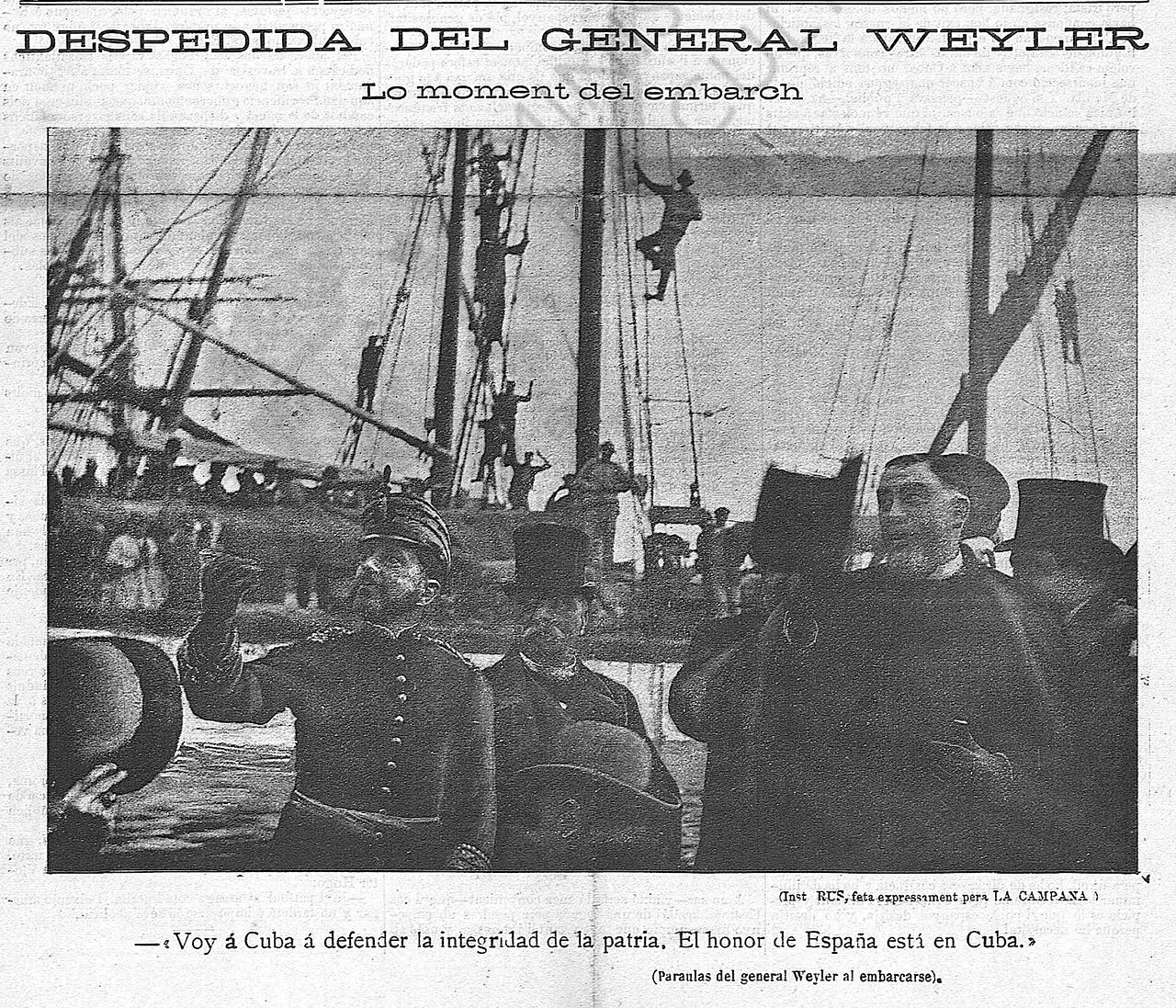 Photo page from La Campana de Gràcia: General Weyler embarking, with his quoted words below