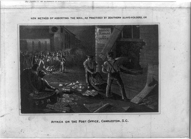 Night scene: men break open a post office, empty mailbags onto the street and burn the contents; a bill on the wall reads "$20000 Reward for Tappan"