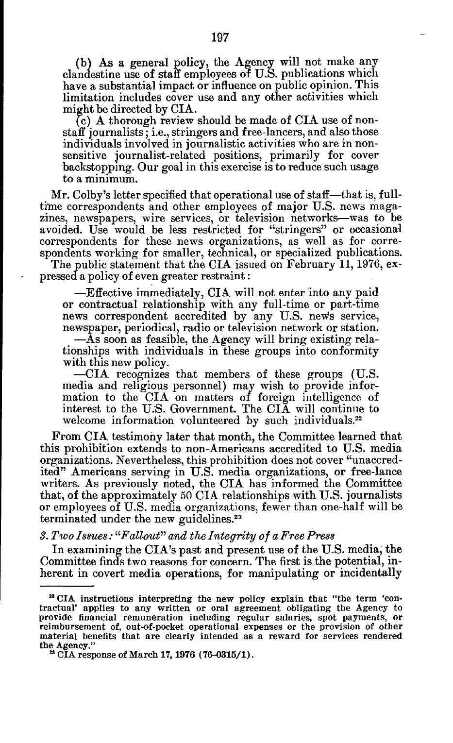 Pages of Church Committee Book I quoting Colby's 1973 limits and the 11 February 1976 Bush statement