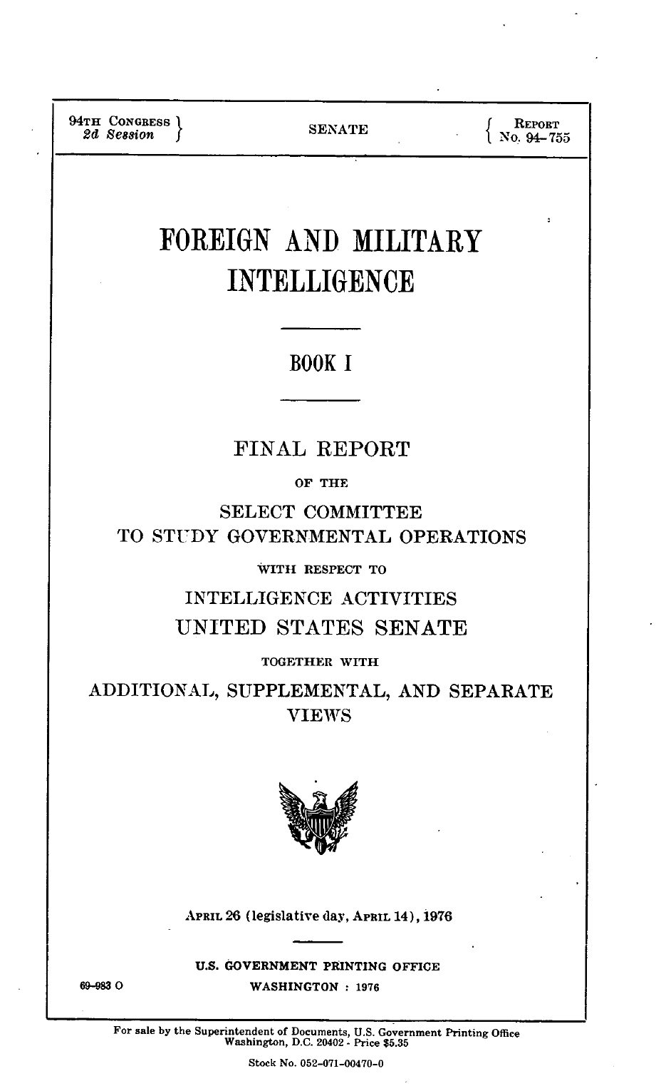 Title page of Book I of the Church Committee's final report, Foreign and Military Intelligence, 1976