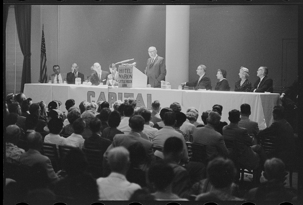 A speaker at a lectern addresses a Capital Citizens Council meeting at the Hotel Marion, Little Rock, September 1958