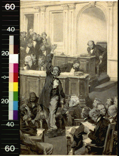 Illustration from The Clansman, a man in a frock coat stands with his arm raised addressing a crowded legislative chamber