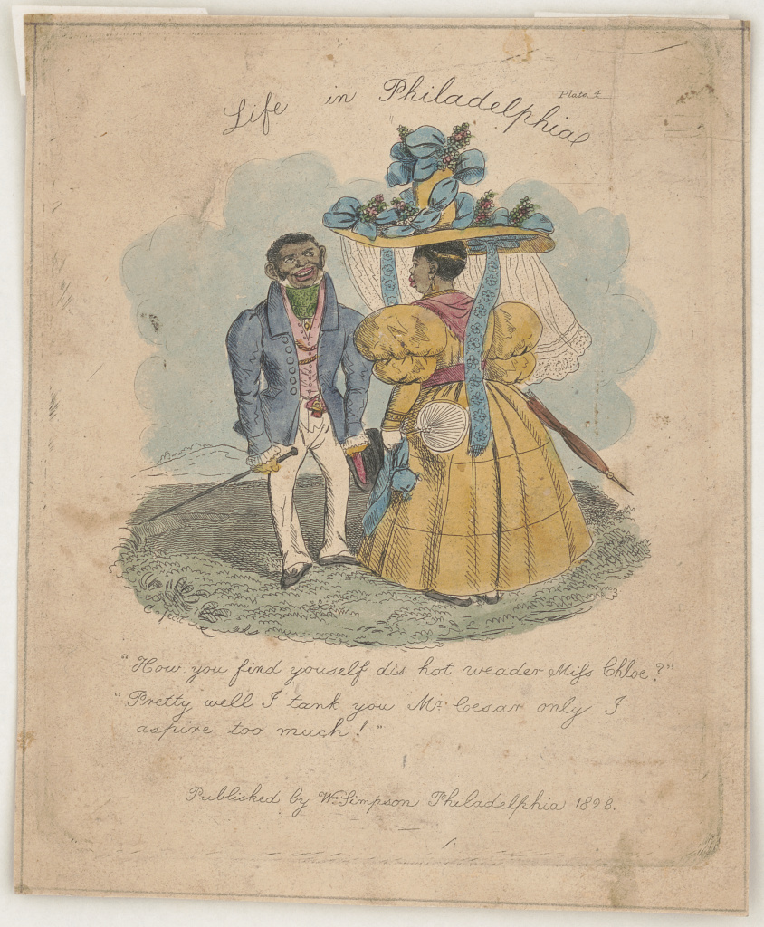 Hand-coloured etching "Life in Philadelphia, Plate 4": a Black man and woman in exaggerated fashionable dress, with a dialect caption