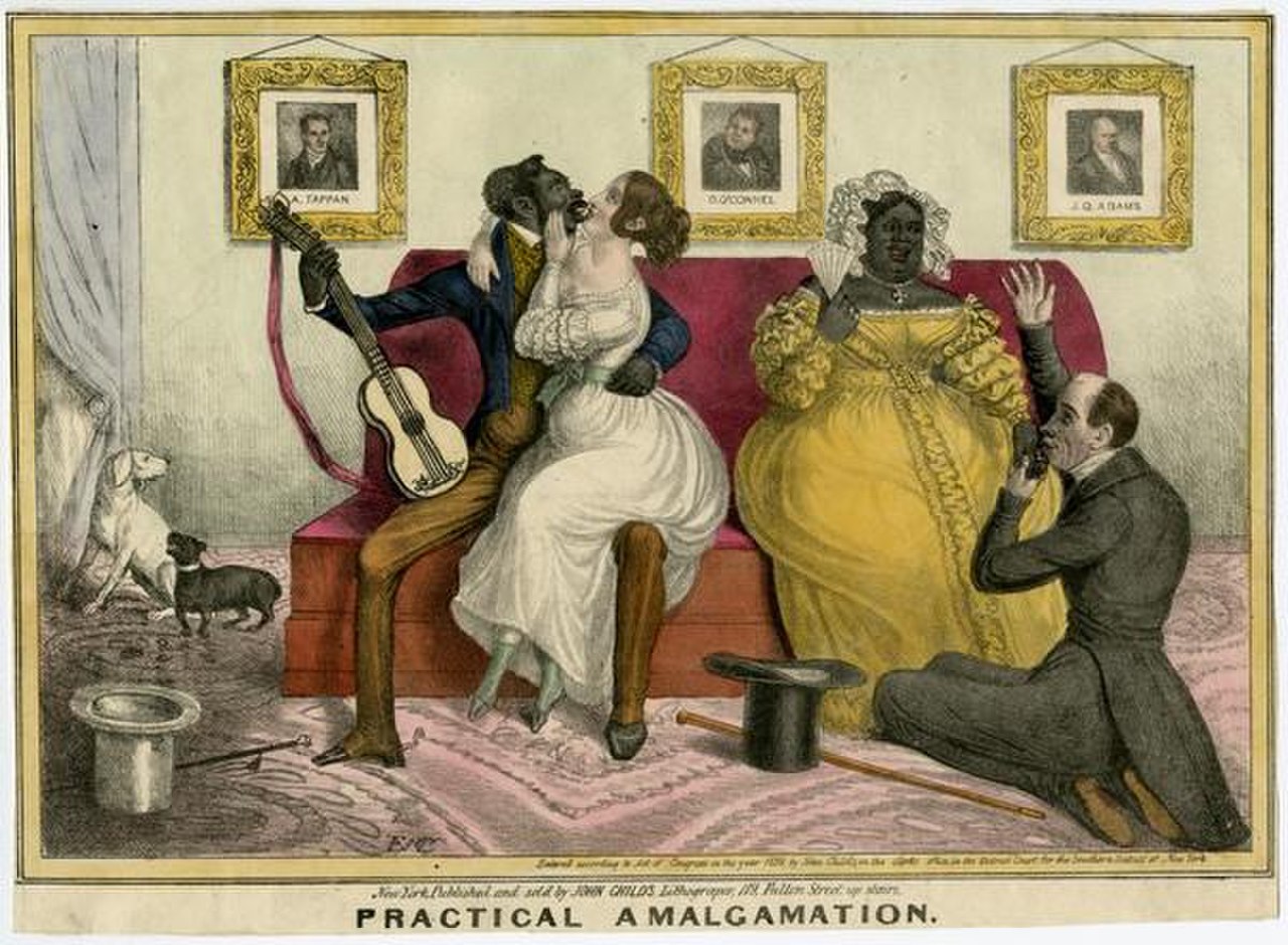 Hand-coloured lithograph "Practical Amalgamation": a Black man and white woman embrace on a sofa while a white man kneels before a Black woman, beneath portraits labelled A. Tappan, O'Connell and J. Q. Adams