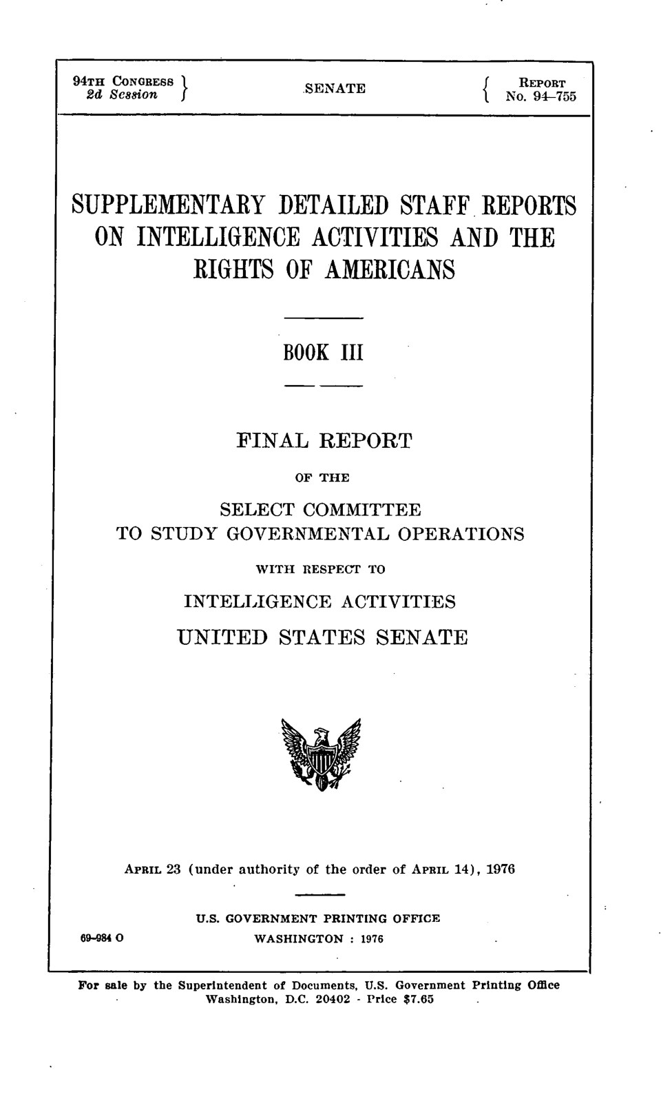 Title page of the Church Committee's Book III, 1976