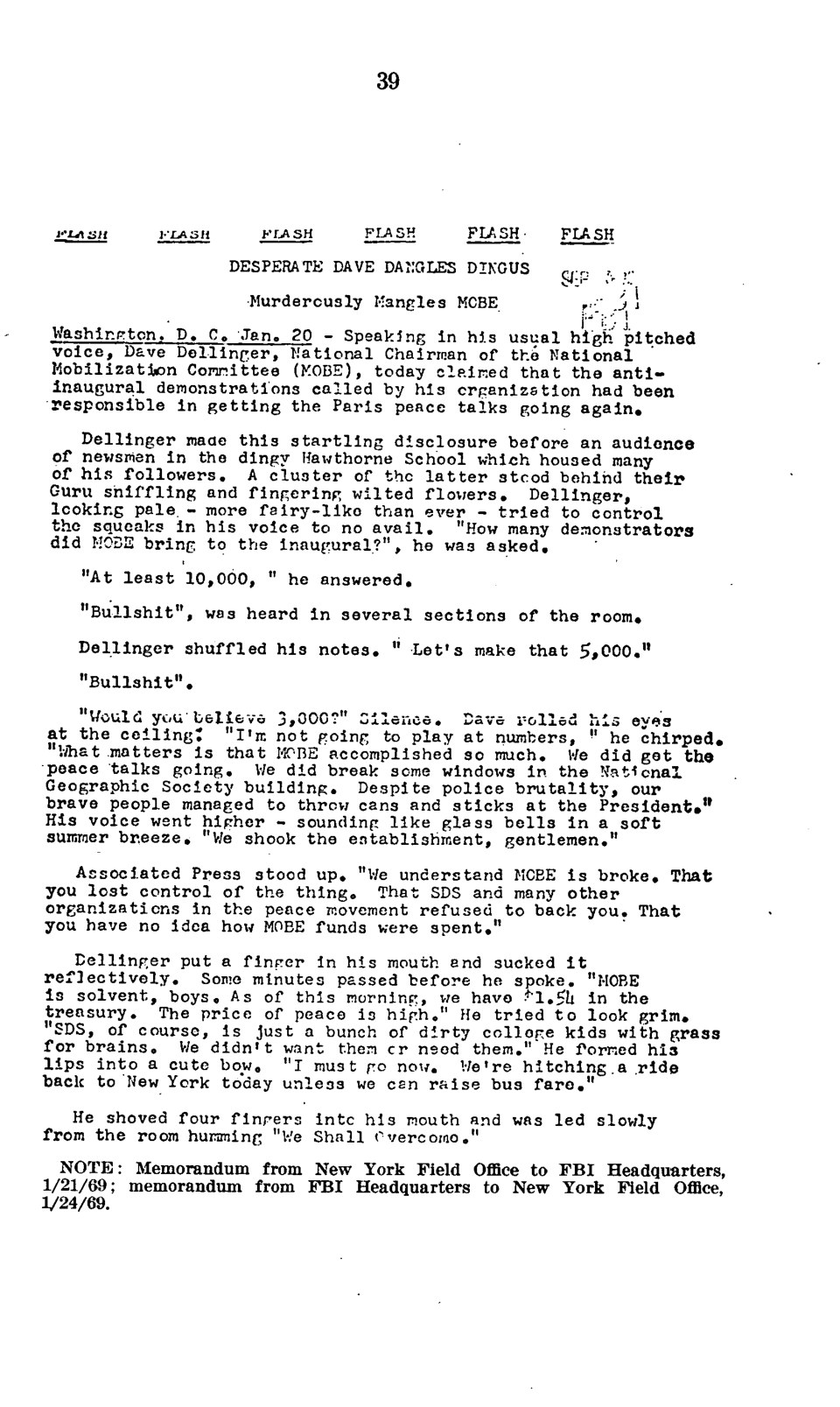 FBI mock news report on Dave Dellinger, January 1969
