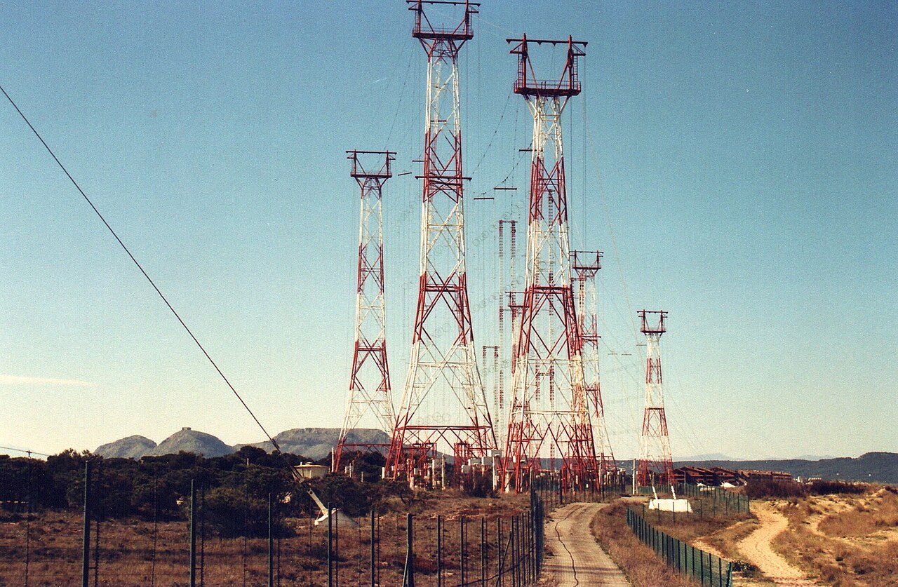 Steel antenna masts of the Radio Liberty and Radio Free Europe transmitting station at Pals on the Catalan coast, Spain