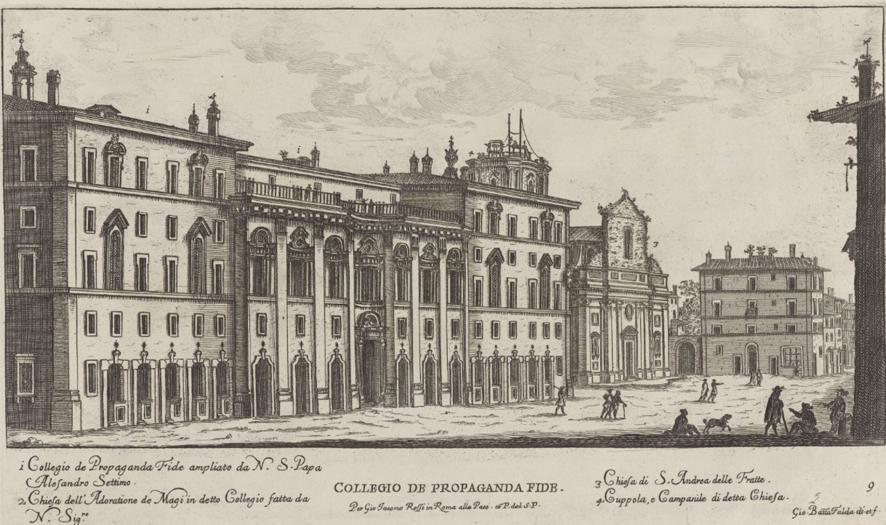 Etching of the Collegio de Propaganda Fide in Rome, with numbered key: the Collegio enlarged by Pope Alexander VII, its chapel of the Adoration of the Magi, and Sant'Andrea delle Fratte