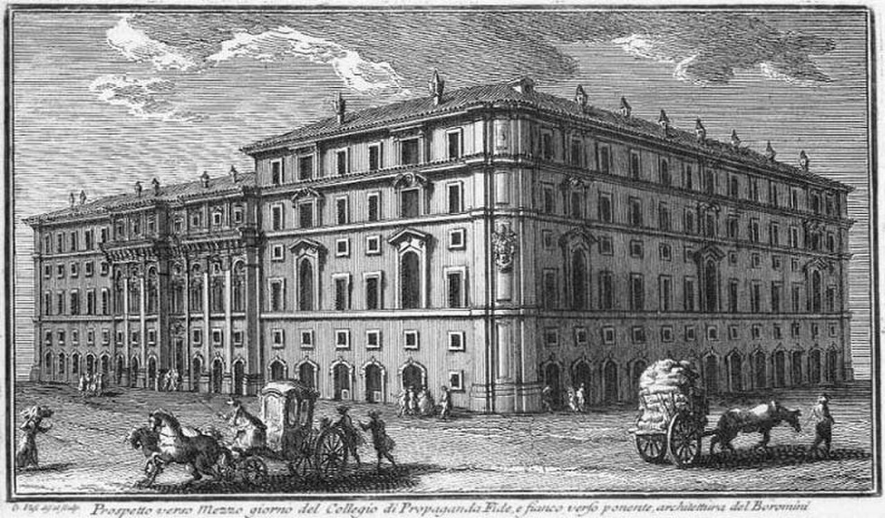 Engraving of the long Borromini side of the Collegio di Propaganda Fide, with carriages and a cart in the street