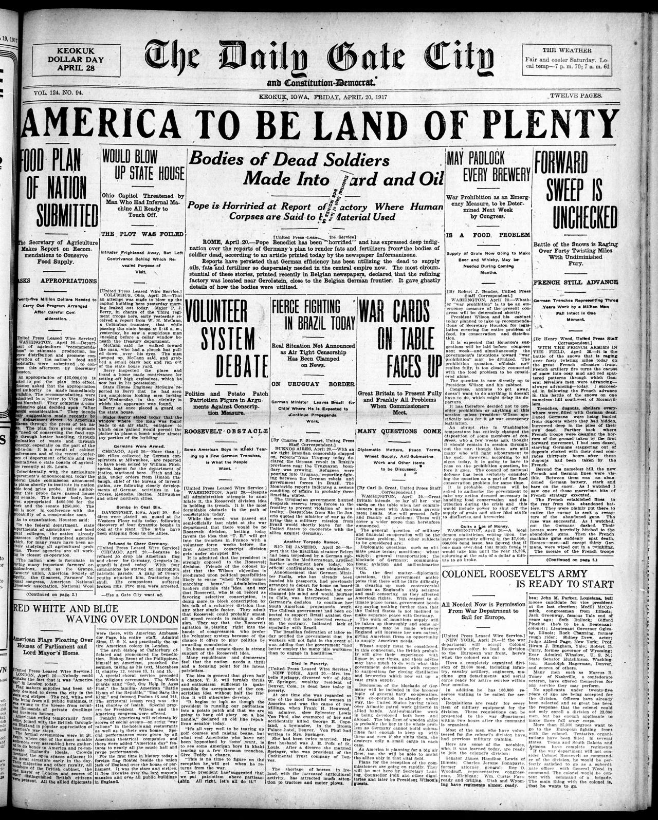 Front page of the Daily Gate City, Keokuk, Iowa, 20 April 1917, with the headline "Bodies of Dead Soldiers Made Into Lard and Oil"