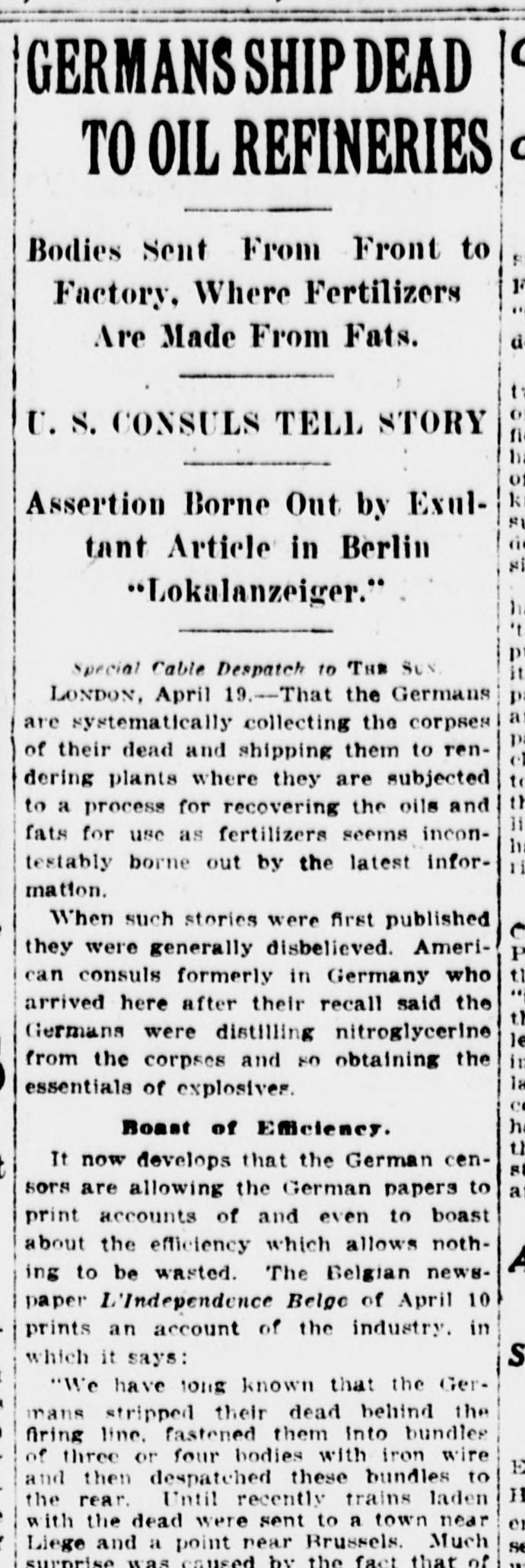 The Sun (New York), 20 April 1917: "Germans Ship Dead to Oil Refineries"