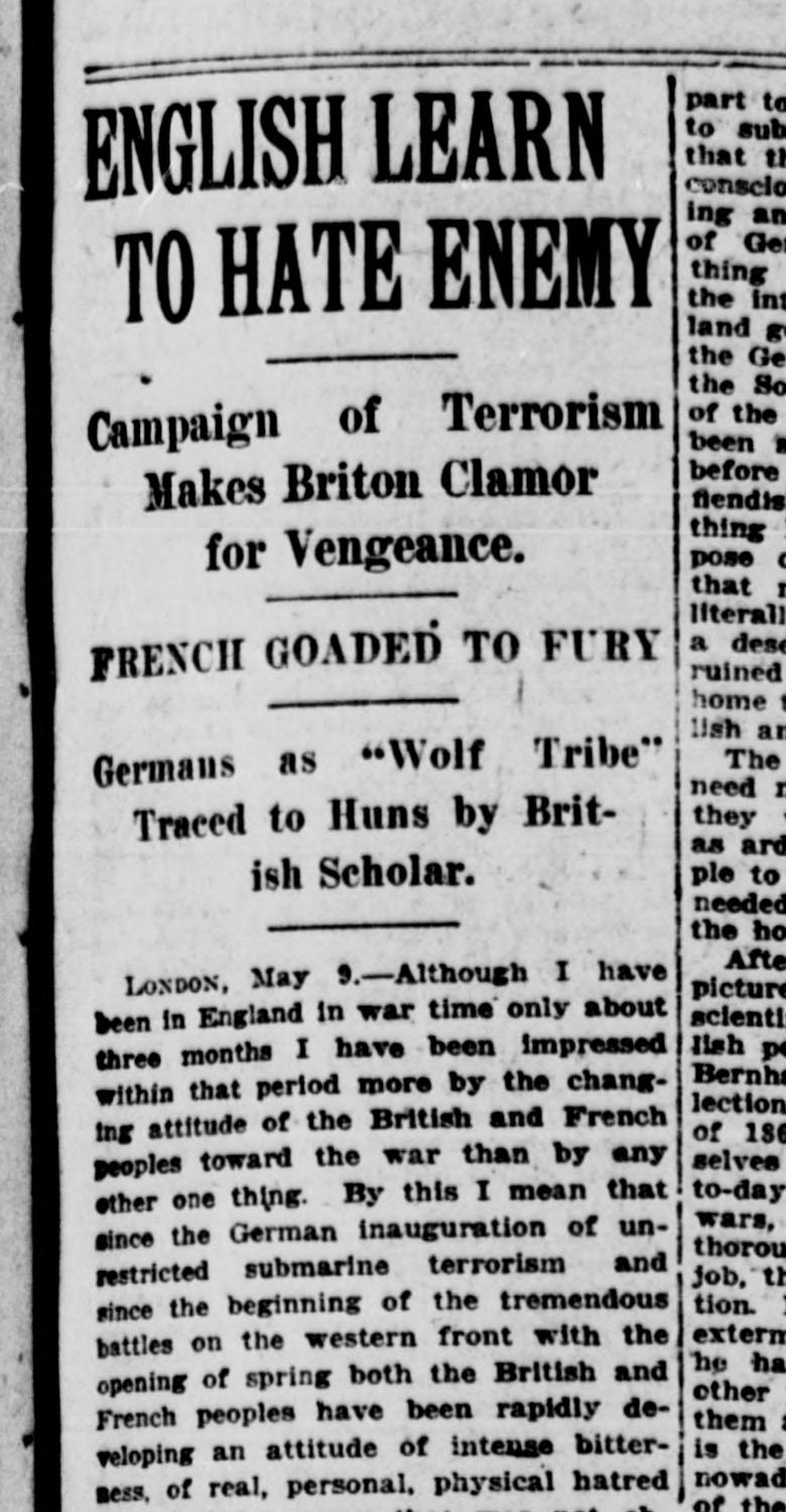 The Sun (New York), 27 May 1917: "English Learn to Hate Enemy ... Germans as 'Wolf Tribe' Traced to Huns by British Scholar"