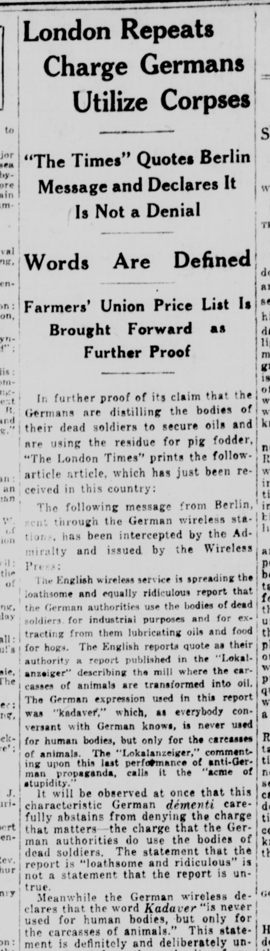 New-York Tribune, 12 May 1917: "London Repeats Charge Germans Utilize Corpses", with the German wireless denial