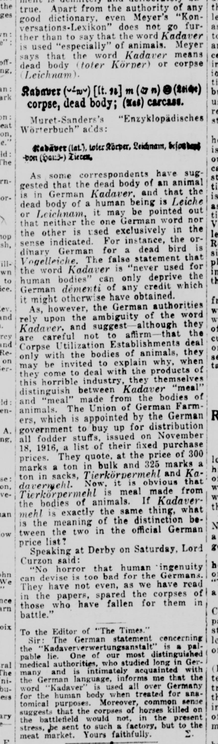 newspaper column headed by dictionary entries for the German word Kadaver, arguing that it can refer to human bodies