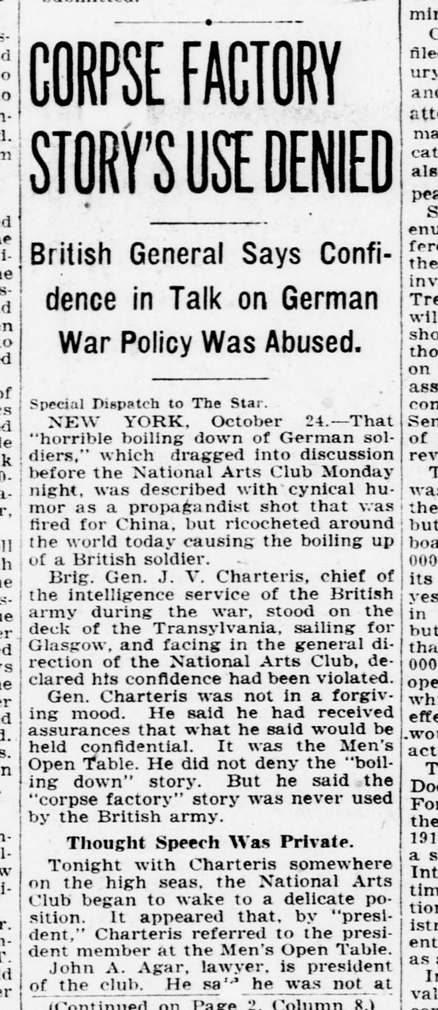 Evening Star (Washington), 25 October 1925: "Corpse Factory Story's Use Denied"
