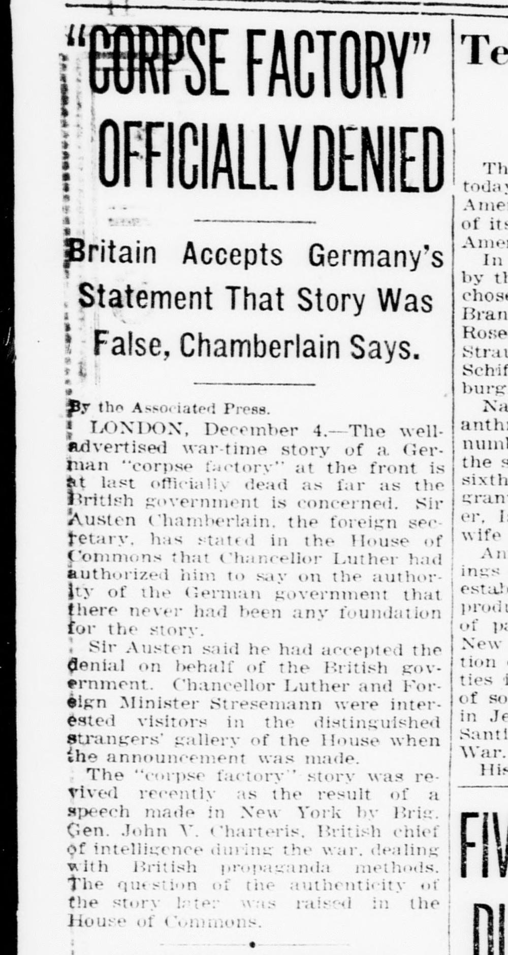 Evening Star (Washington), 4 December 1925: "'Corpse Factory' Officially Denied"