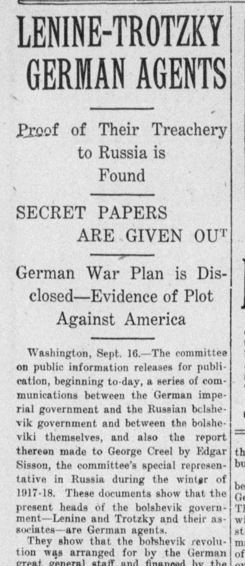Lenine-Trotzky German Agents, Barre Daily Times, 16 September 1918